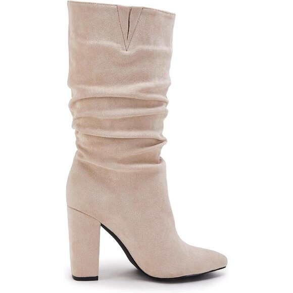 Women's Nude Suede Mid Calf High Slouchy Chunky Heel Block Pointed Toe Boots - Picture 3 of 5